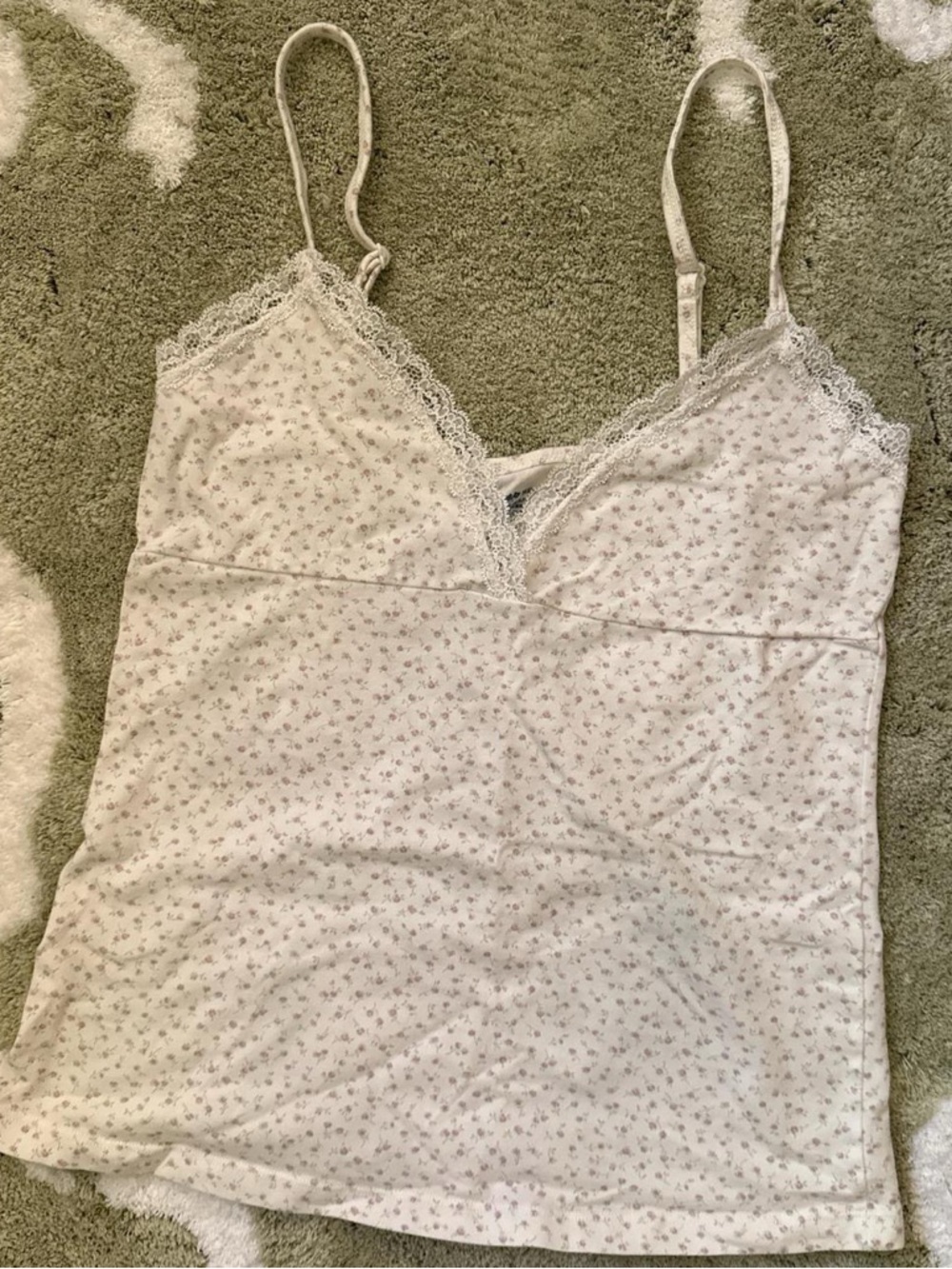 Brandy Melville Floral Lace-Trim Cami Tank - Light Cream with Dusty Pink Flowers